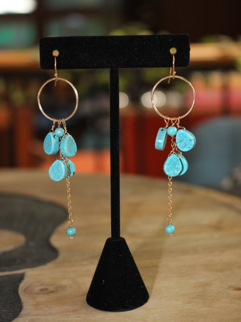Turquoise Stones & Gold Wire & Chains Drop Earrings
